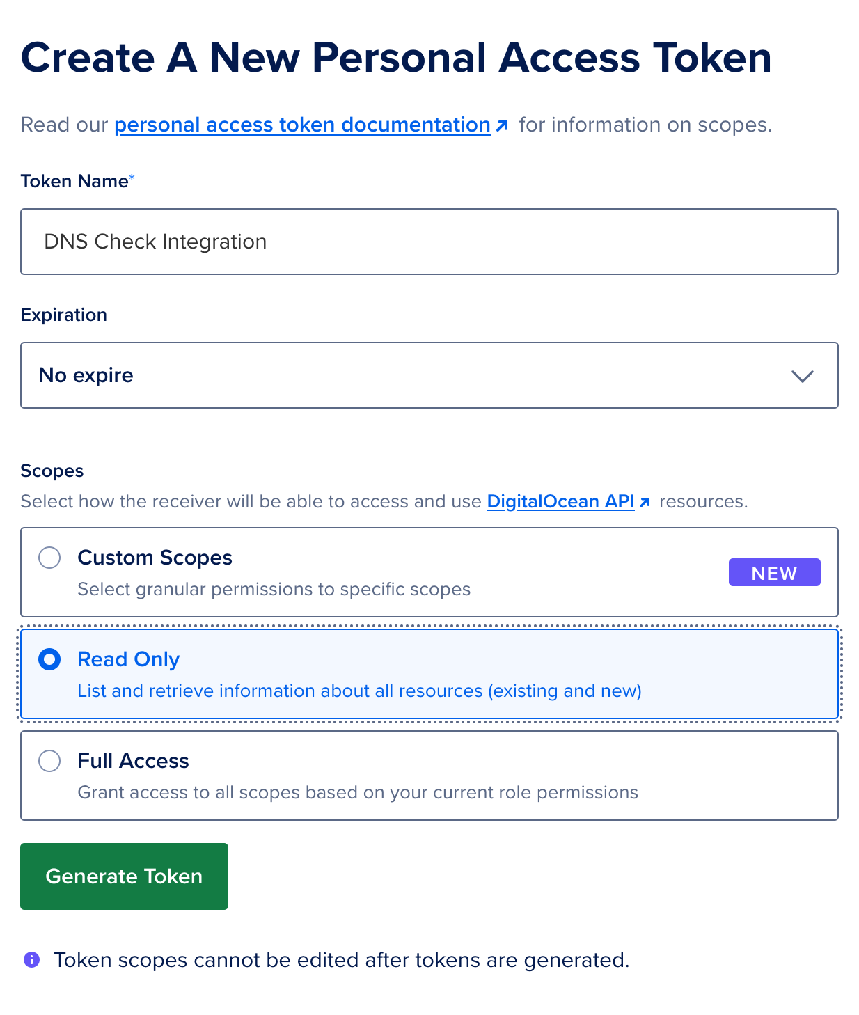 Creating a new API token